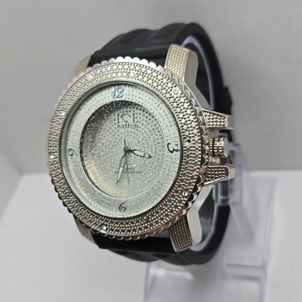Mens Ice Nation SF-1030 Faux Diamond Dial Watch Silver Tone New Battery